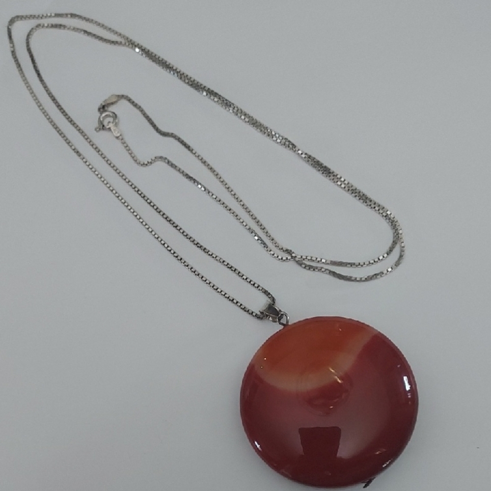 Sterling Silver 925 Box Chain Necklace with Round Red Agate Pendant